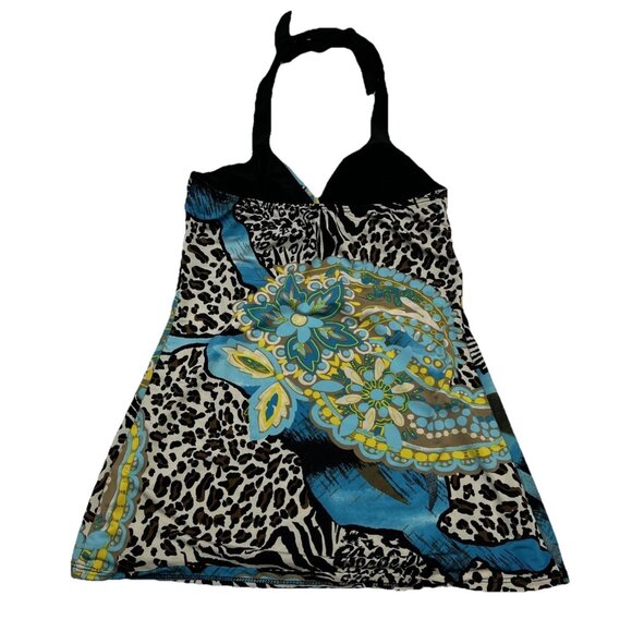 Vintage Y2K Indigo Six Top Womens L Babydoll Lace Trim Halter Mixed Print Jersey - Picture 3 of 7